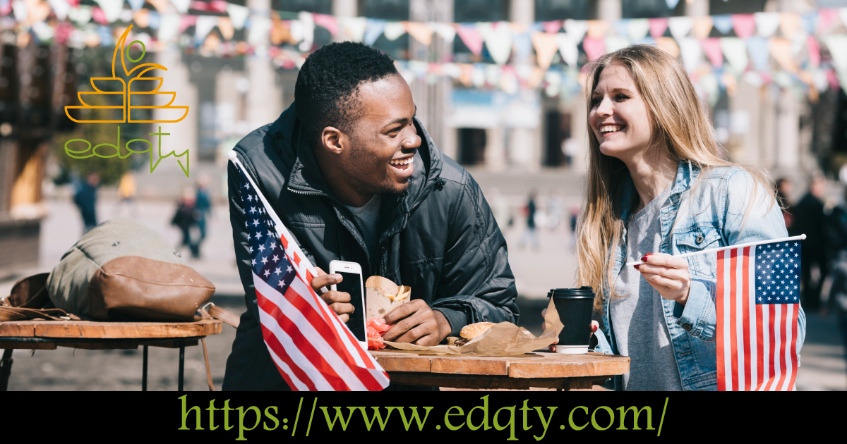 Two students enjoying local culture with American flags symbolizing the vibrant campus life and cultural experiences