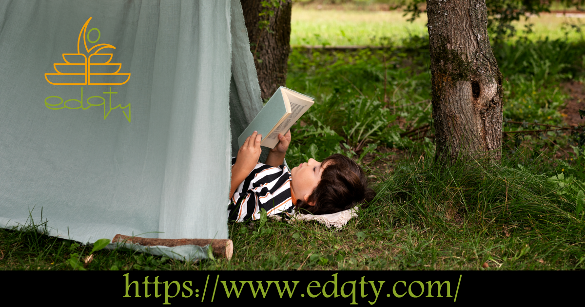 A child reading peacefully under a makeshift tent in nature illustrating how school camps encourage mindfulness and personal reflection